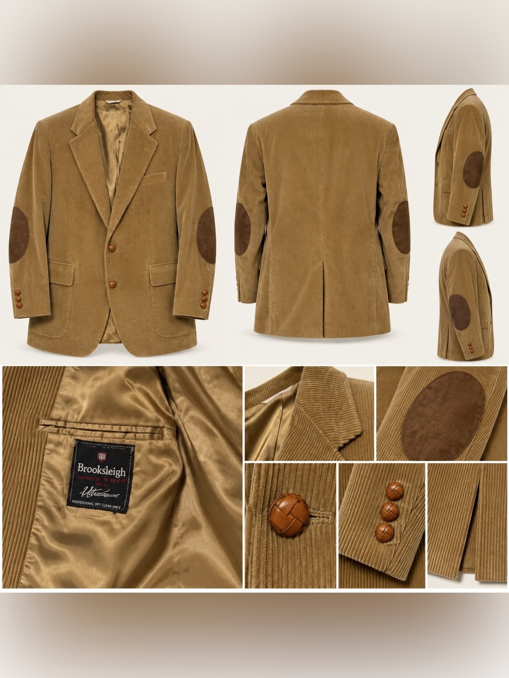 Vintage Brookleigh Corduroy Sport Coat Tan Suede Elbow Patches Mens 40R USA